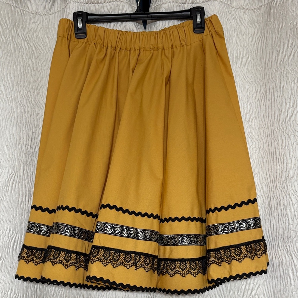 Handmade Elegant Gold / Black Skirt with Black Lace Trim Elastic Waist - L/XL